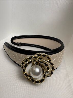 Camellia Ivory and Black Quilted Headband with Gold Chain Pearl